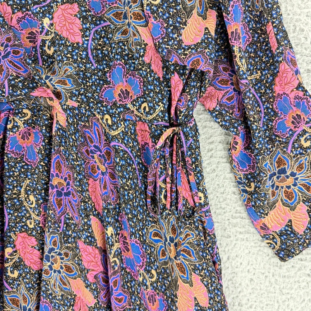 Free People Mini Dress Womens Medium Black Floral‎ Boho Wrap V-Neck OB1418794